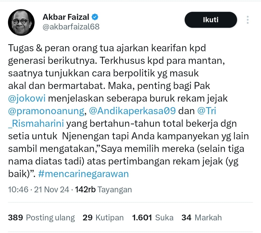 Akbar Faizal kritik Jokowi