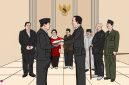 Ilustrasi: Joko Widodo menyerahkan estafet kepemimpinan kepada Prabowo Subianto, disaksikan Presiden Indonesia terdahulu | Gambar: Dekade08