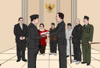 Ilustrasi: Joko Widodo menyerahkan estafet kepemimpinan kepada Prabowo Subianto, disaksikan Presiden Indonesia terdahulu | Gambar: Dekade08