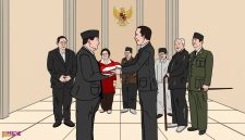 Ilustrasi: Joko Widodo menyerahkan estafet kepemimpinan kepada Prabowo Subianto, disaksikan Presiden Indonesia terdahulu | Gambar: Dekade08