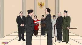Ilustrasi: Joko Widodo menyerahkan estafet kepemimpinan kepada Prabowo Subianto, disaksikan Presiden Indonesia terdahulu | Gambar: Dekade08