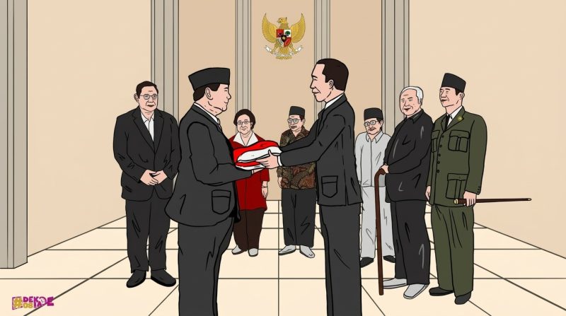 Ilustrasi: Joko Widodo menyerahkan estafet kepemimpinan kepada Prabowo Subianto, disaksikan Presiden Indonesia terdahulu | Gambar: Dekade08