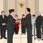 Ilustrasi: Joko Widodo menyerahkan estafet kepemimpinan kepada Prabowo Subianto, disaksikan Presiden Indonesia terdahulu | Gambar: Dekade08